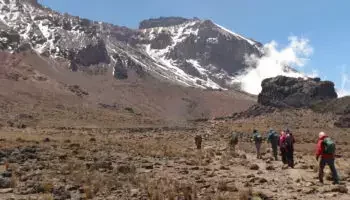 A Group of tourists trekking Kilimanjaro from Marangu route